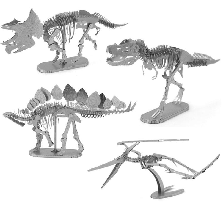 Silver metal dinosaur skeleton model set with three assembled figures and parts