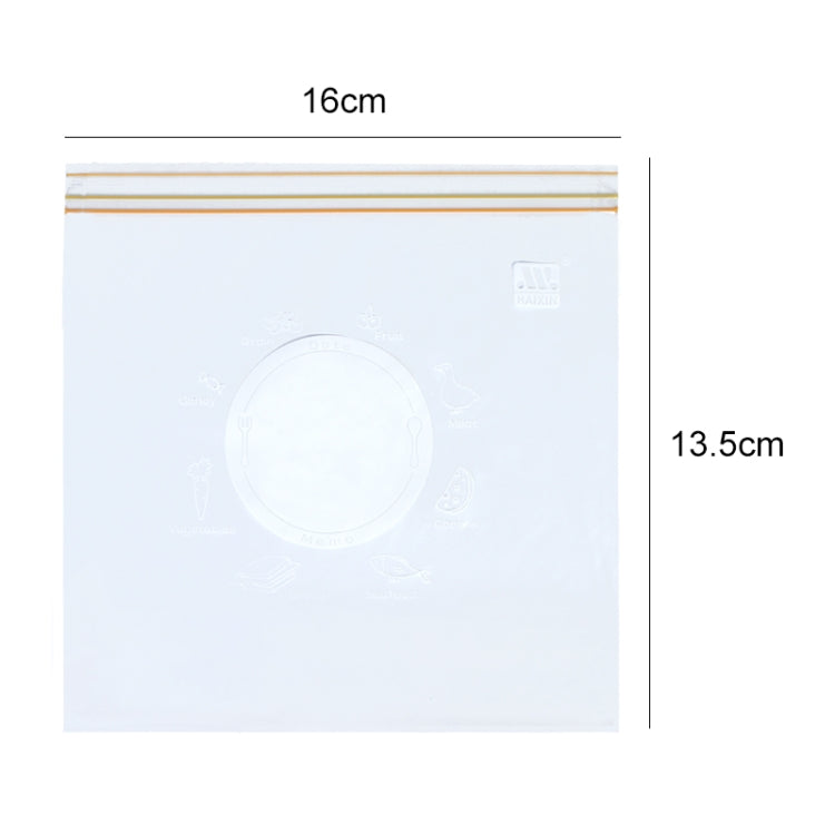 Sealed food storage bag diagram, 16 cm by 13.5 cm with orange stripe top