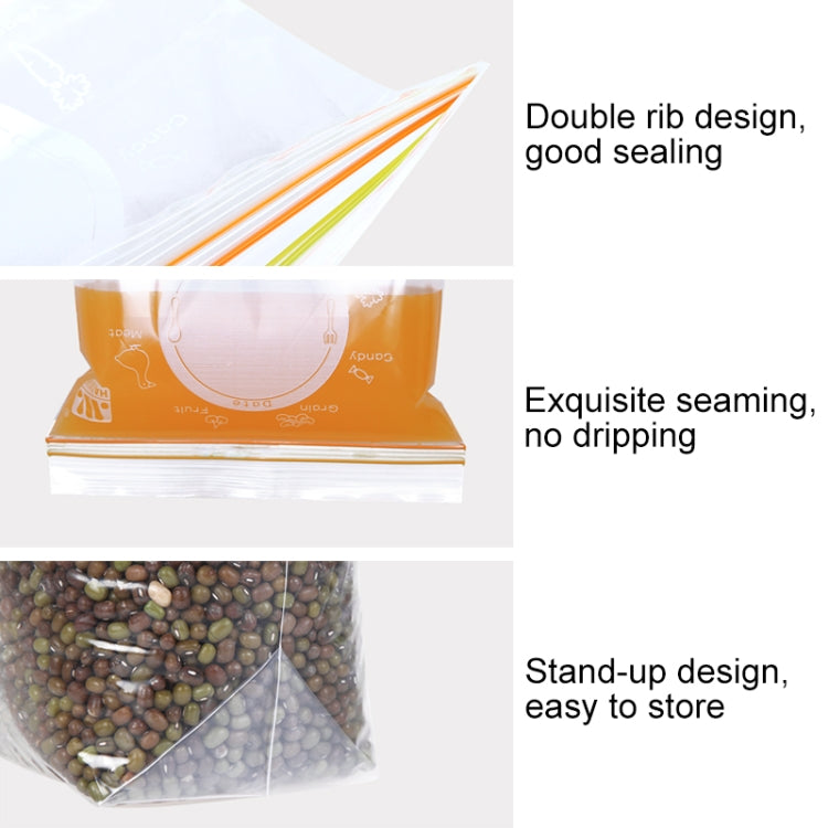Clear sealed food storage bag with double-rib seal and stand-up design, orange stripes