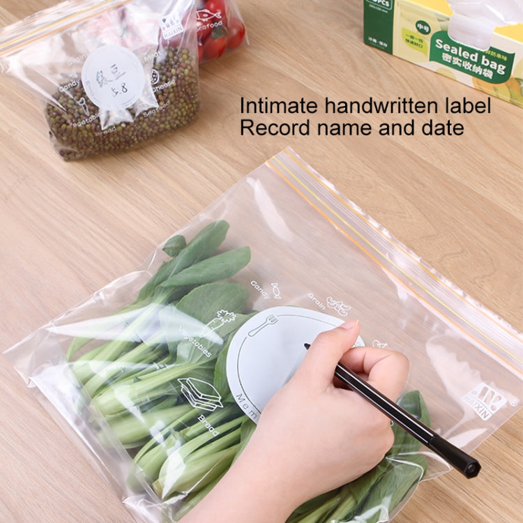 Clear sealed refrigerator storage bag with orange stripes, contents labeled with name and date