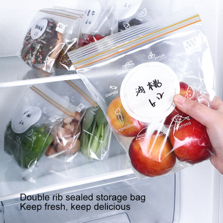 Set of clear sealed food storage bags with orange stripes and round white label