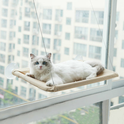 Cat lounging on window suction cup hammock with tan fabric bed