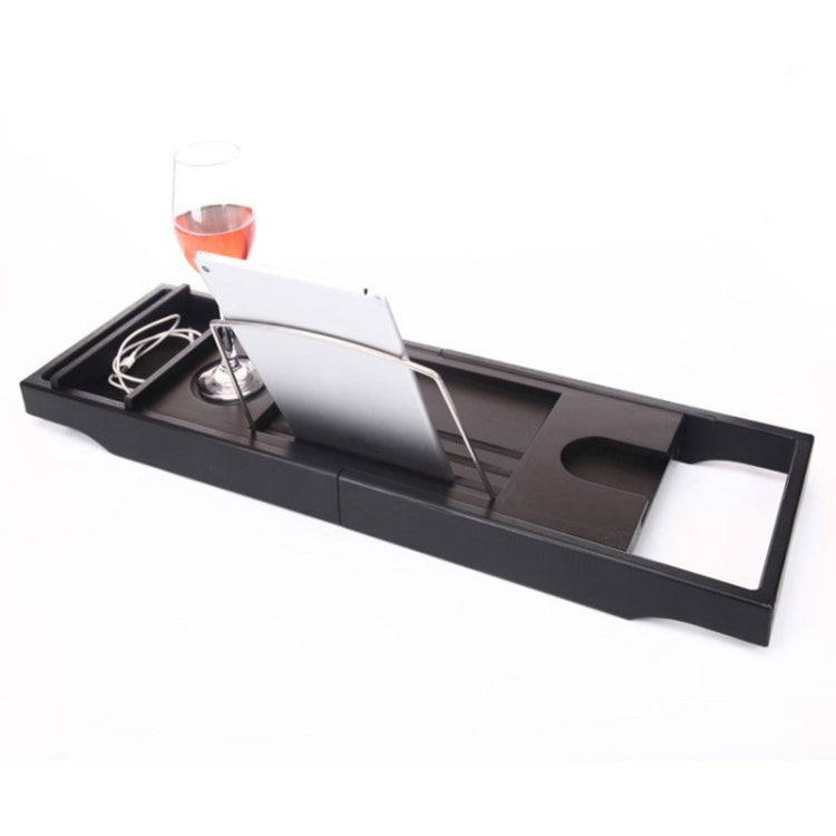 Retractable bathtub shelf rack with black tray, divider slots, and side storage
