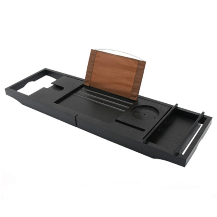 Retractable bathtub shelf rack with black base, raised ridges, and side compartment