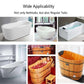 Promotional image showing retractable bathtub shelf rack on multiple tub styles