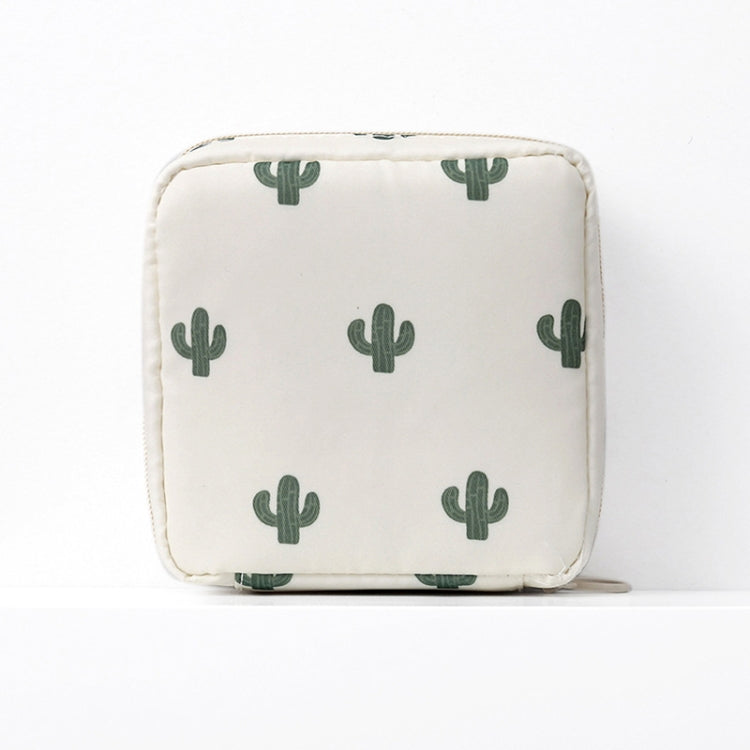 Cactus print square zip pouch sanitary napkin storage bag, cream with green cacti