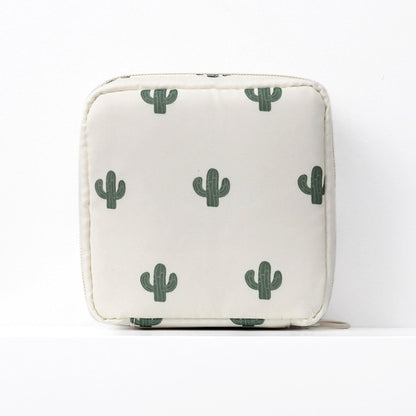 Cactus print square zip pouch sanitary napkin storage bag, cream with green cacti