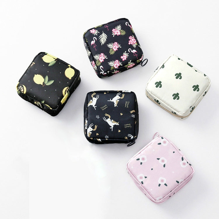 Set of square zip pouches for sanitary napkin storage, assorted floral and animal prints