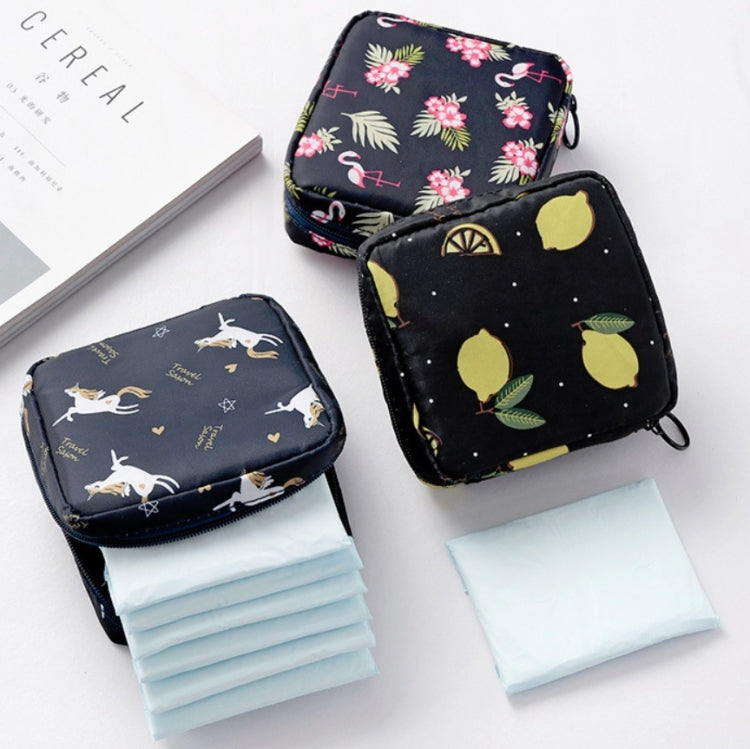 Square zip sanitary napkin storage pouches with floral and unicorn prints, set of three
