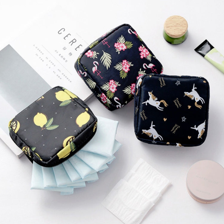 Assorted square zip sanitary napkin storage pouches with floral and animal prints
