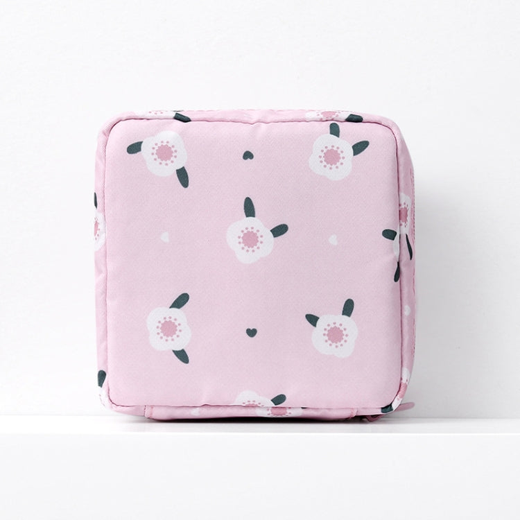 Pink flower-and-bunny print square zip pouch sanitary napkin storage bag