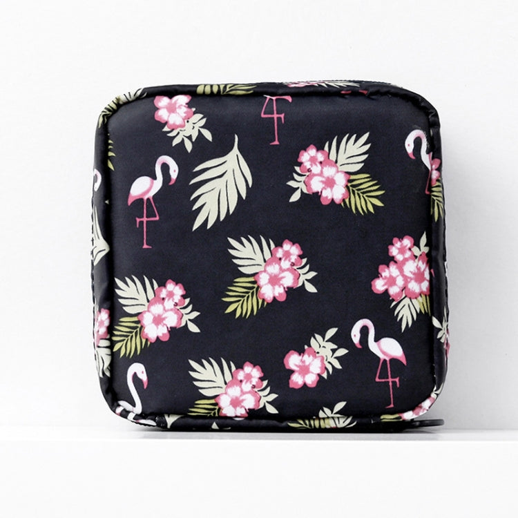 Thickened travel sanitary napkin storage bag, black with flamingo and floral print