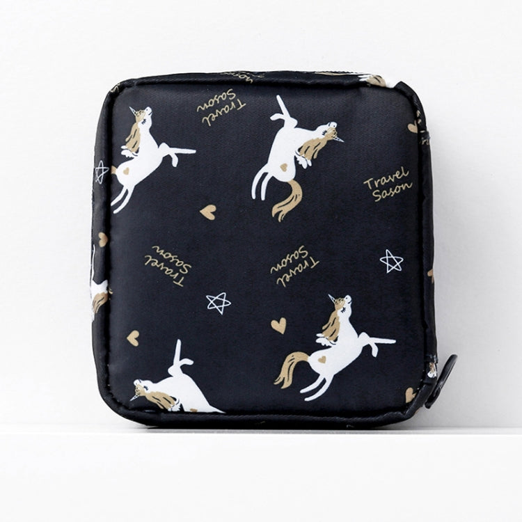 Thickened travel sanitary napkin storage bag, black with unicorn and cat print