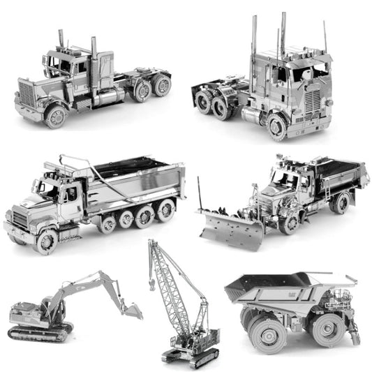 Assorted metal construction vehicle assembly models with detailed parts and tires