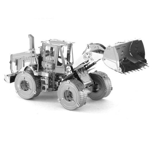 Metal wheel loader 3D assembly model with front bucket and detailed chassis
