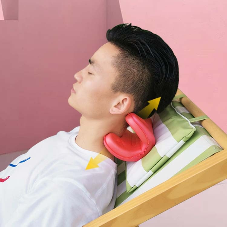 Red neck stretching massager pillow positioned under the chin and neck