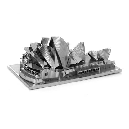 Sydney Opera House 3D metal model puzzle, silver landmark pieces on base