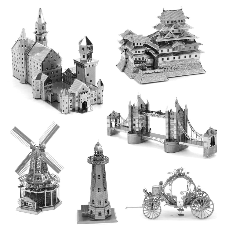 3D metal landmark model set, assorted silver building structures