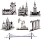 3D metal landmark model set with bridge, assorted silver landmark structures