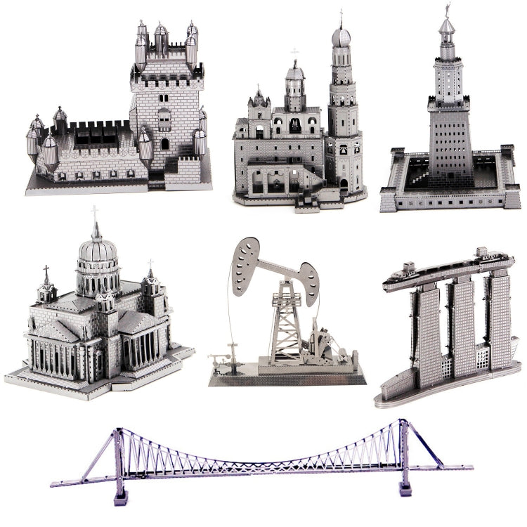 3D metal landmark model set with bridge, assorted silver landmark structures