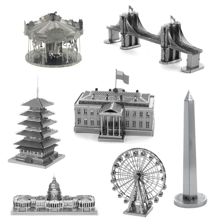 3D metal landmark model set, assorted silver monuments and buildings