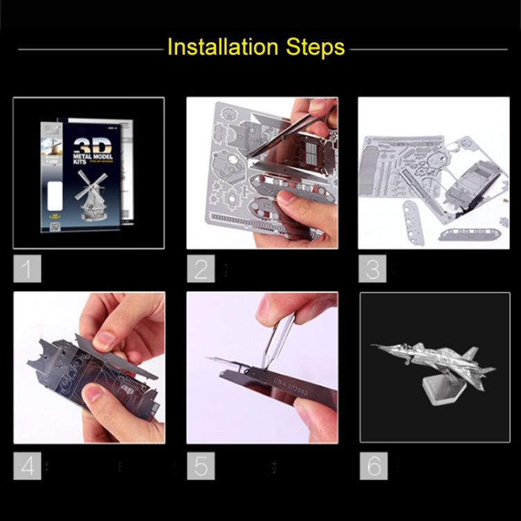 Installation steps for 3D metal model puzzle, hands assembling cut parts