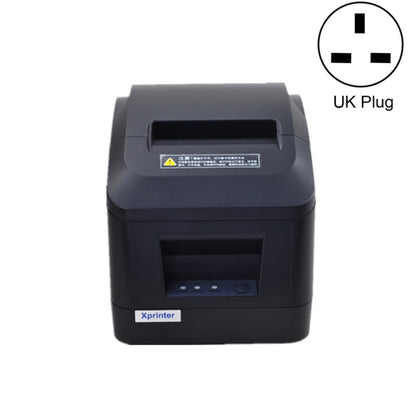 Xprinter thermal receipt printer with front paper bay and lid, UK plug icon shown