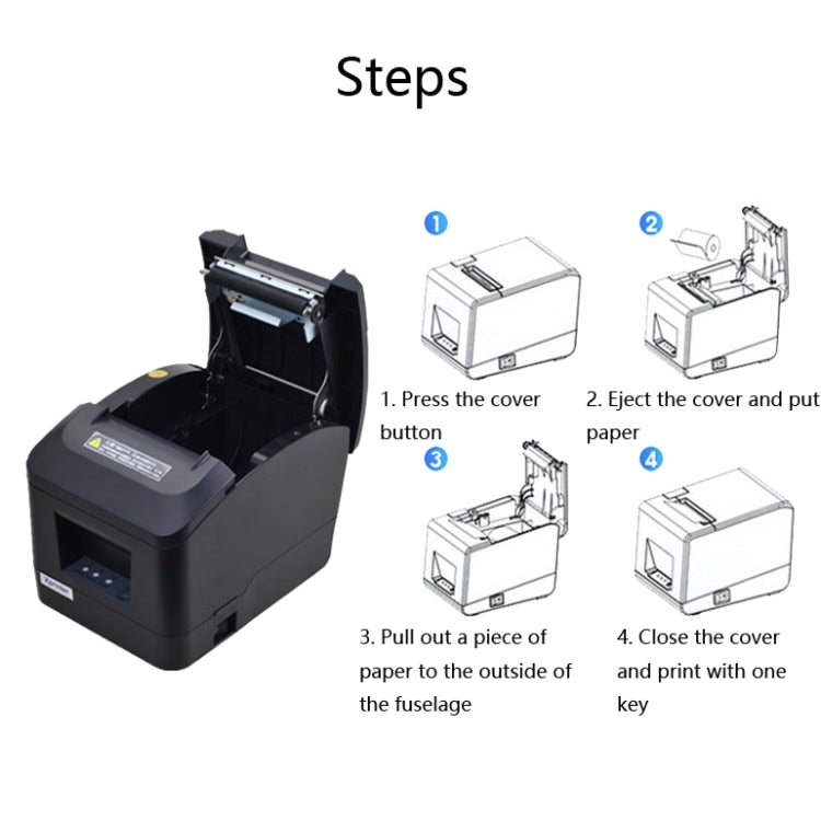 Xprinter thermal receipt printer with step-by-step cover opening and loading diagram