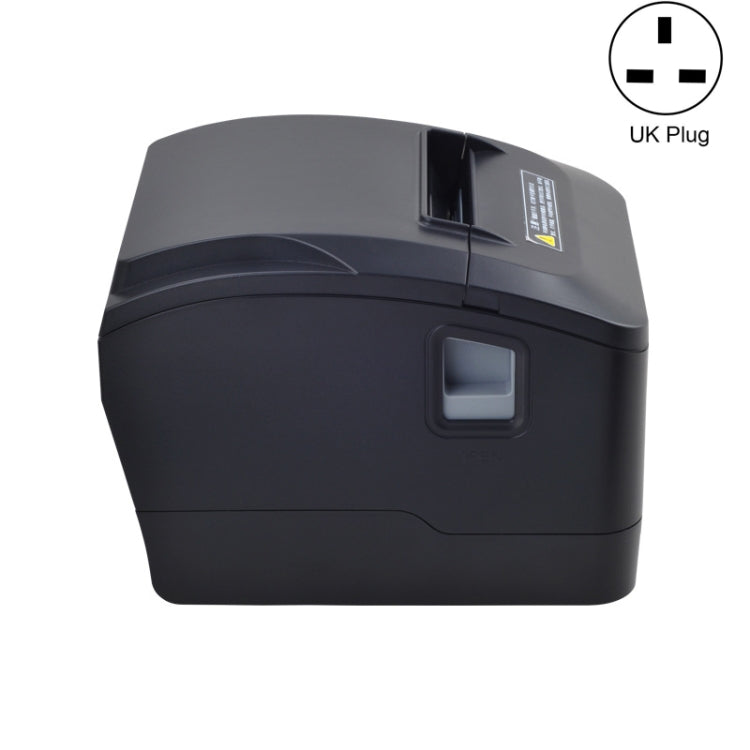 Xprinter thermal receipt printer top and side view with power button, UK plug icon shown