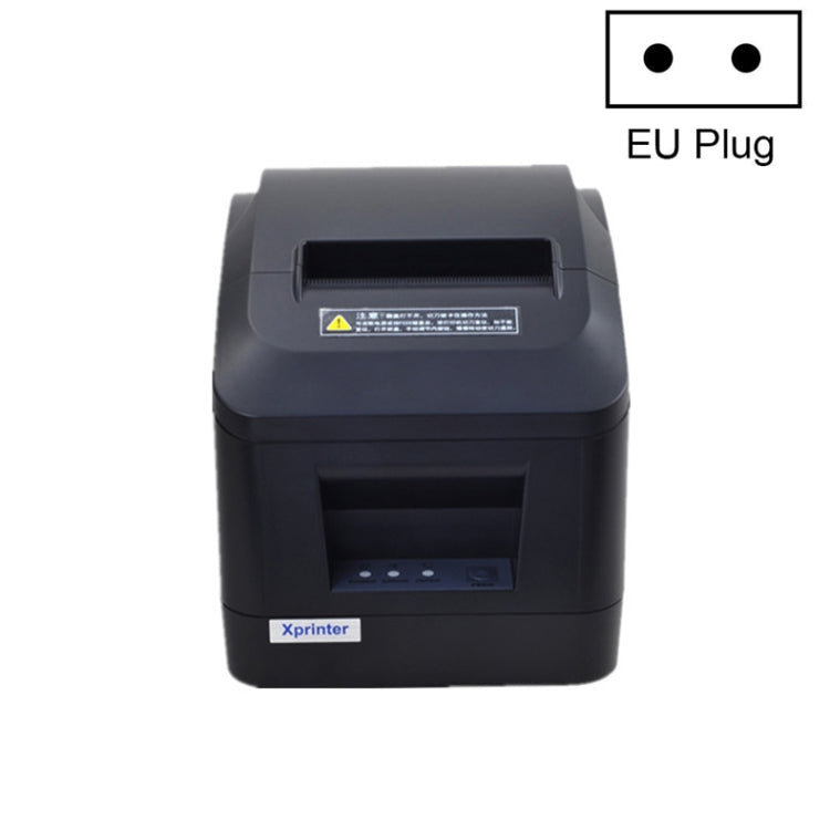 Black thermal receipt printer front with paper slot, EU plug