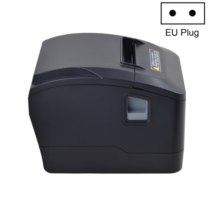 Black thermal receipt printer top view, EU plug