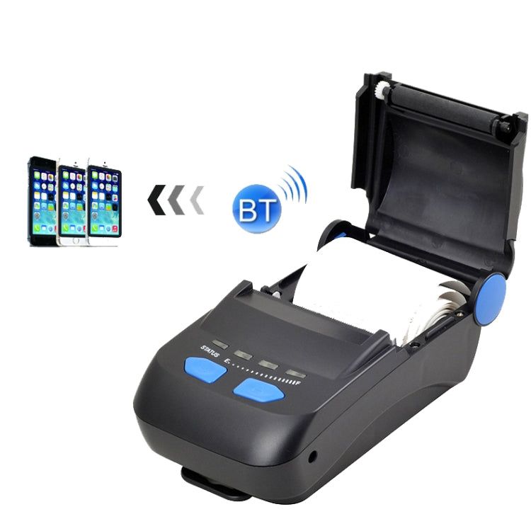 Portable black Bluetooth thermal receipt printer with open lid and blue control buttons