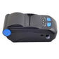 Black thermal receipt printer top view with blue buttons and status LED indicators