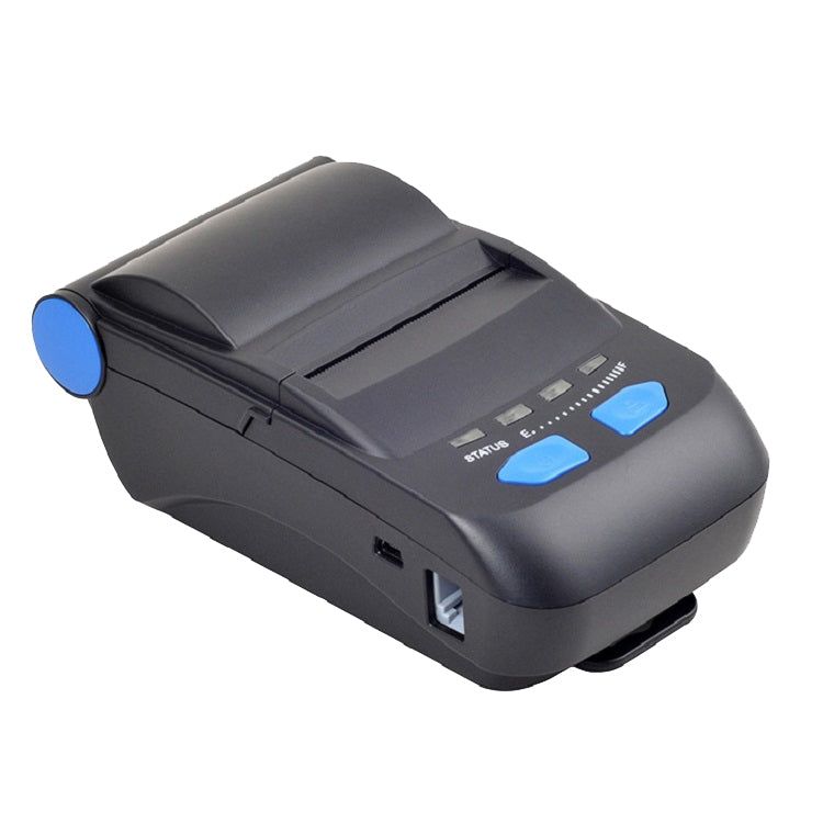 Black portable thermal receipt printer with open paper lid and blue control buttons
