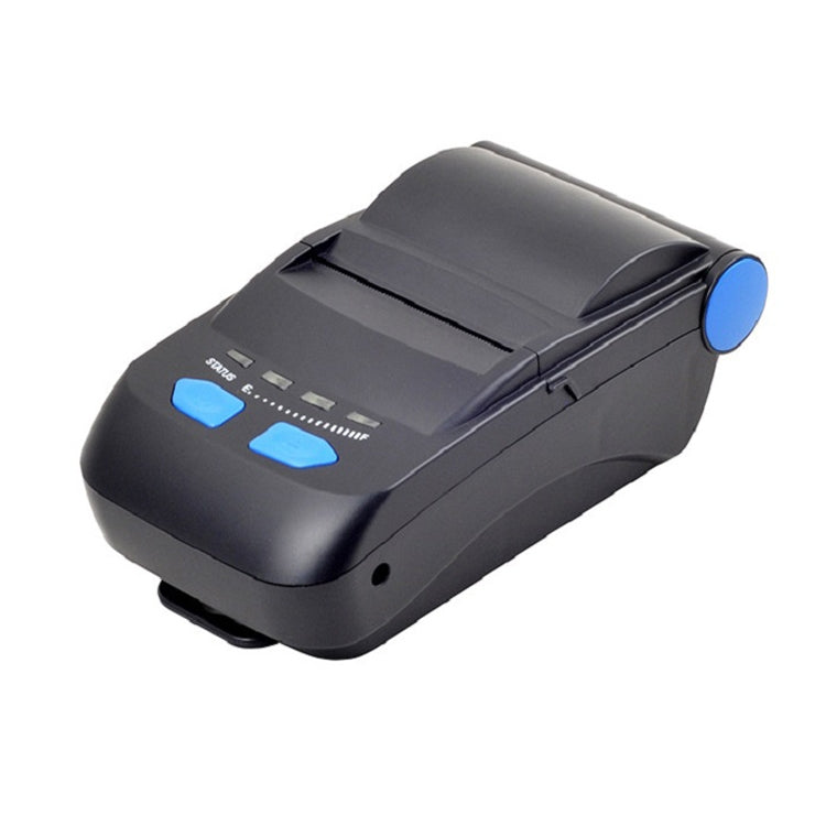 Black thermal receipt printer angled view with blue round control button