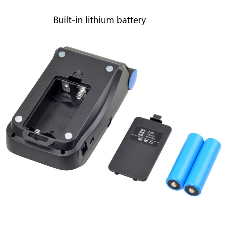 Thermal receipt printer with open battery compartment and blue lithium battery cells