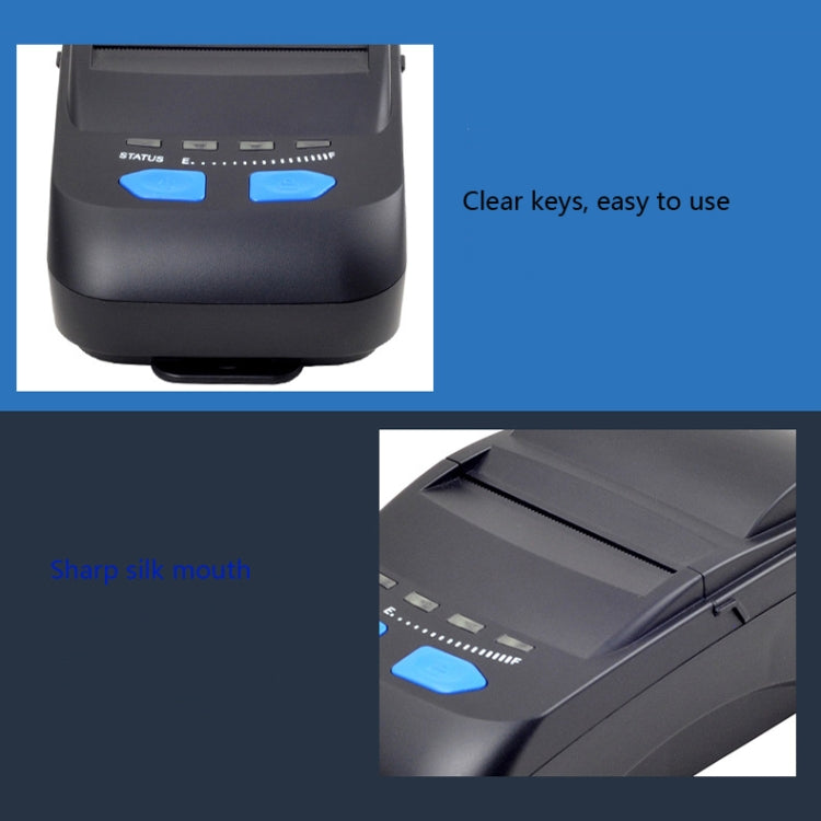 Close-up of thermal printer front panel with blue buttons and status indicator lights