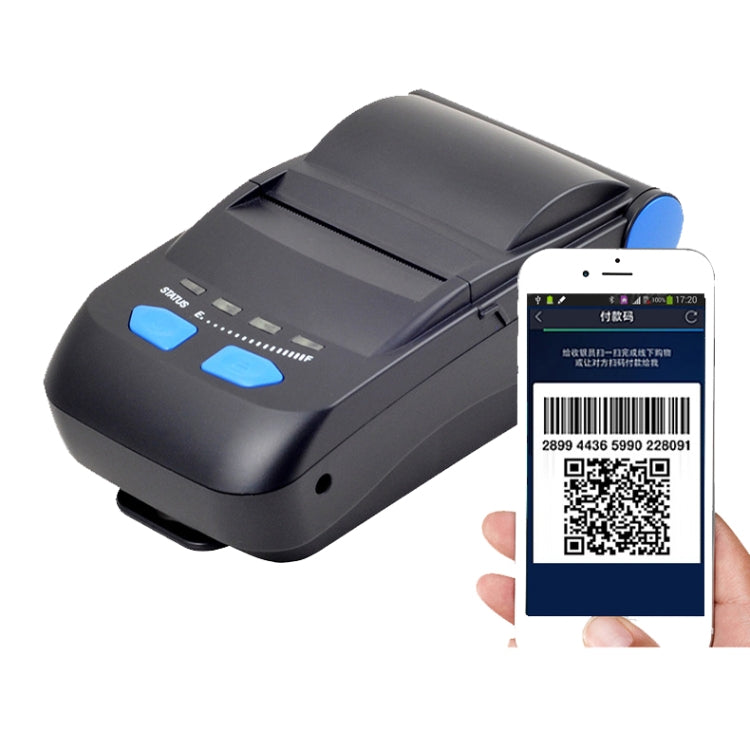 Black thermal receipt printer with printed receipt and QR code on screen
