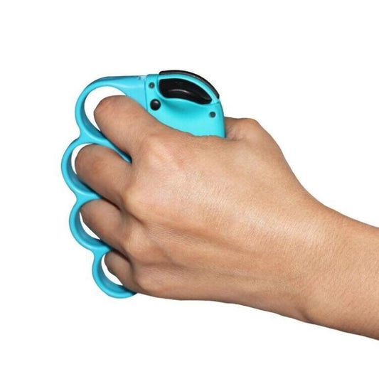 Hands gripping blue joy-con ring grip handle with black thumbstick