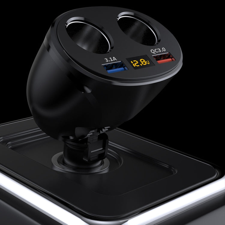 Black dual-USB car charger with LED voltage display and QC 3.0 label