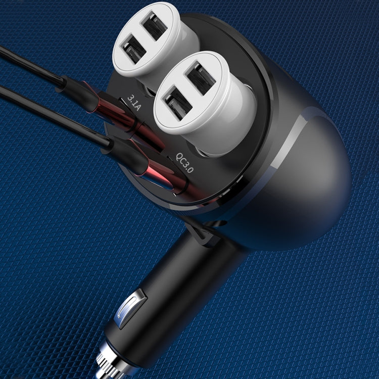 Black and silver dual-USB car charger with two ports and cigarette plug