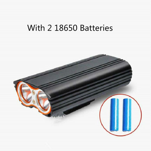 Water-resistant front bike light with dual LED lenses and battery insert detail