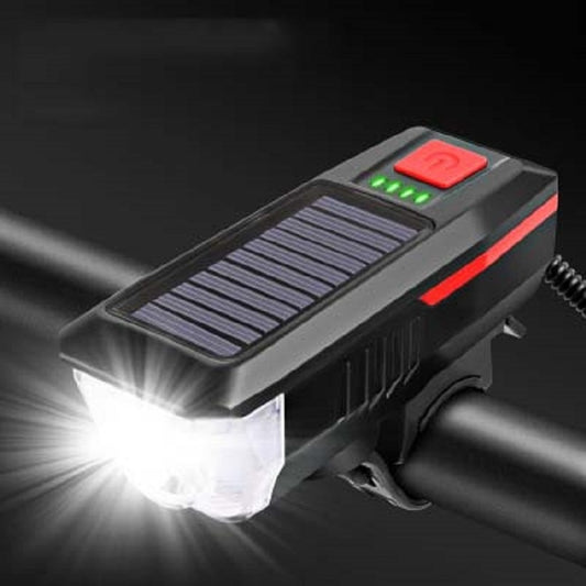Red bicycle solar headlight with white beam and red power button, mounted on handlebars