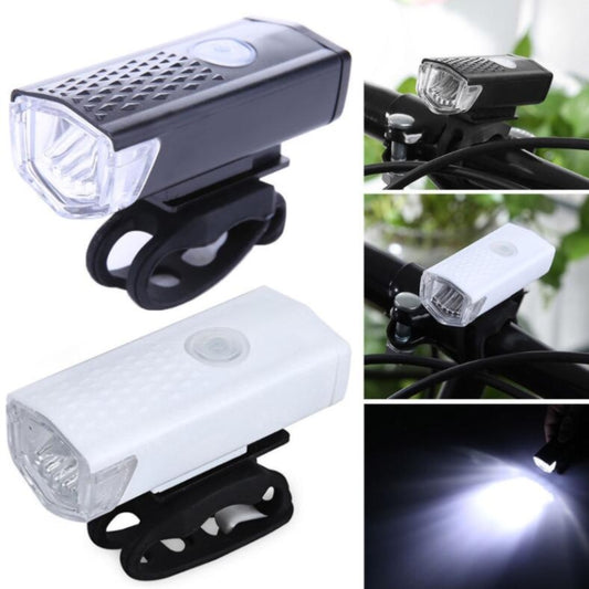Bicycle front headlight in white and black with illuminated beam and mount