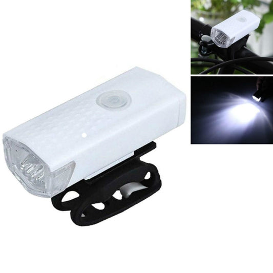 White bicycle USB rechargeable front headlight with black mounting bracket
