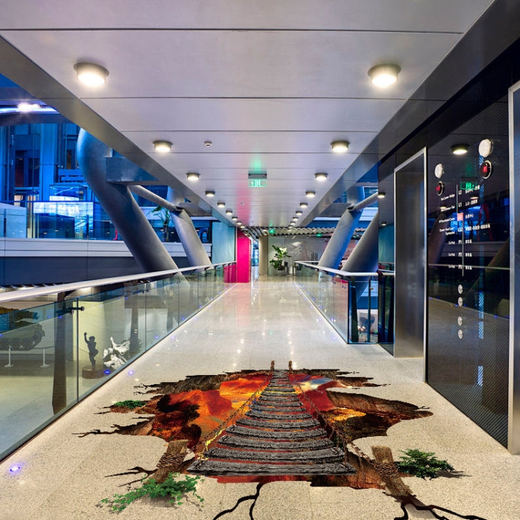 3D flame mountain cable bridge floor sticker with glowing bridge, stairs, and rocky debris