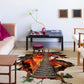 3D flame mountain cable bridge floor sticker with burning bridge over dark rocky ground