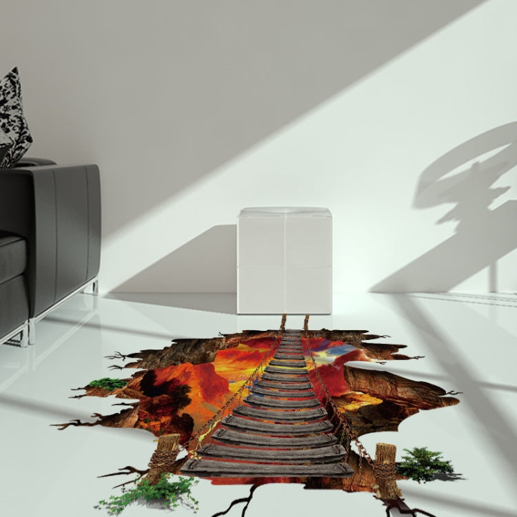 3D flame mountain cable bridge floor sticker with fiery center path and jagged perimeter