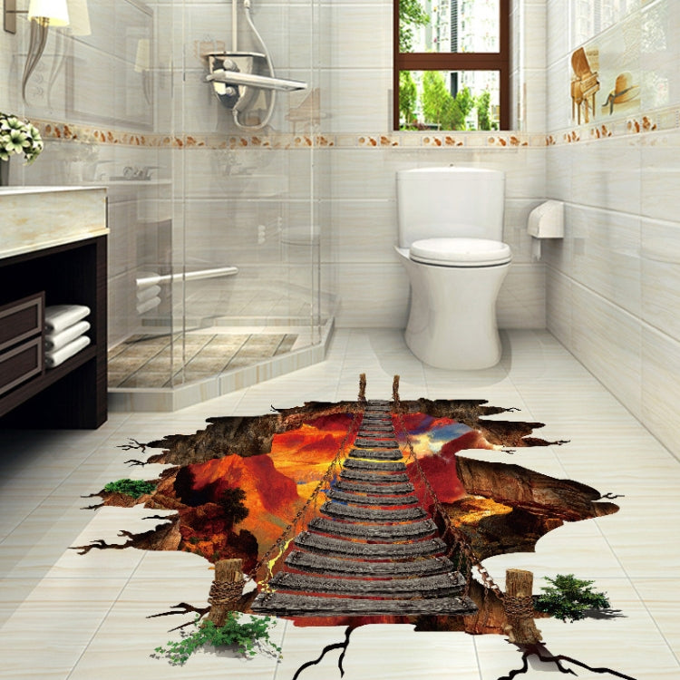 3D flame mountain cable bridge floor sticker with bright flames, steps, and rock edges
