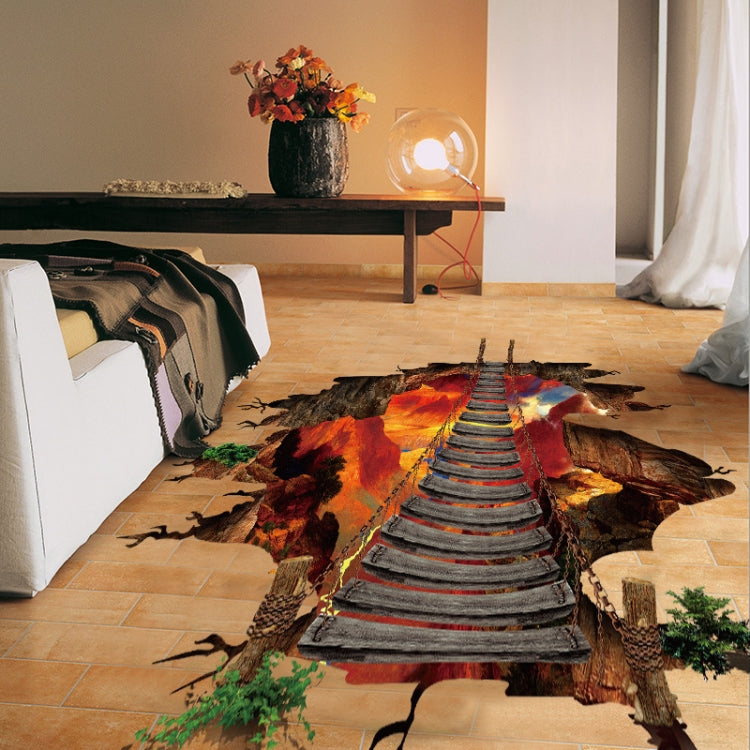 3D flame mountain cable bridge floor sticker with glowing bridge and charred broken ground